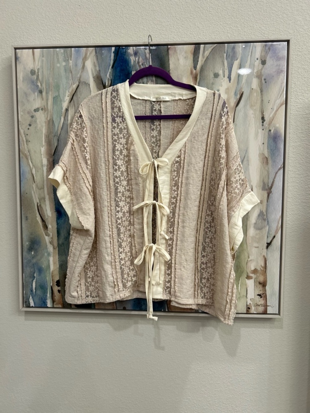 Neutral Cream Lace-Panel Tie-Front Tunic Top - Women